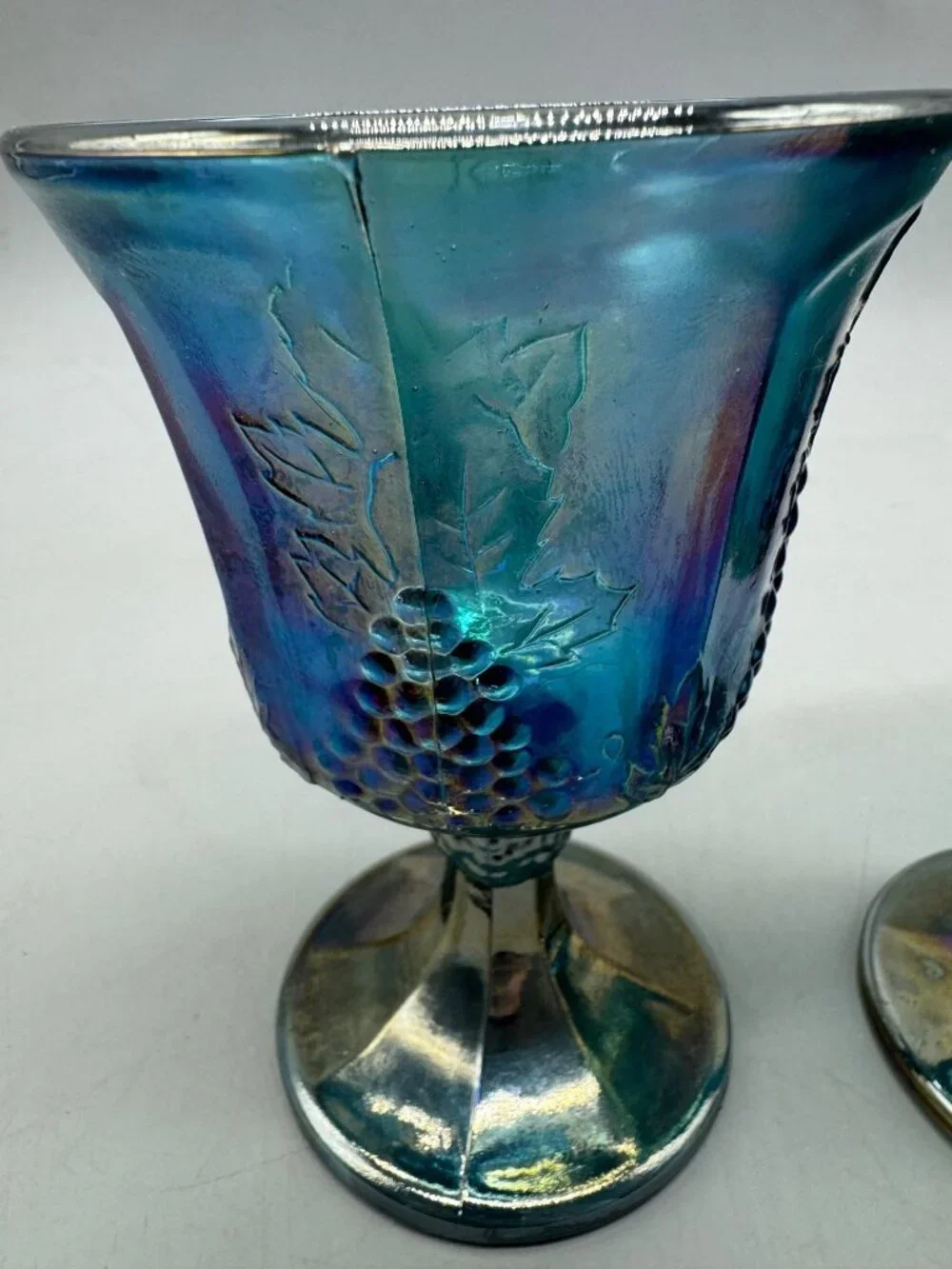 Vintage Blue Carnival Glass Grape & Vine Goblets cups 5